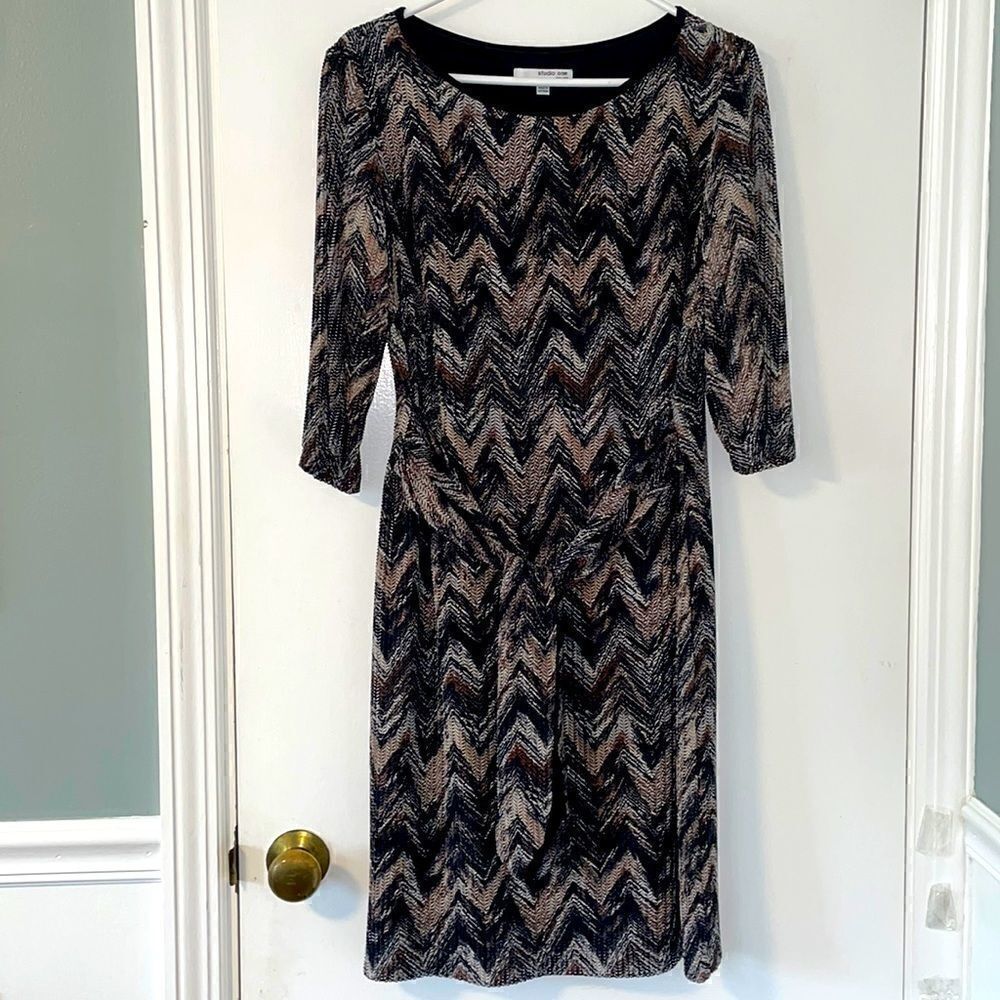studio one new york lined earth tone chevron 3/4 sleeve dress & attached sash 12